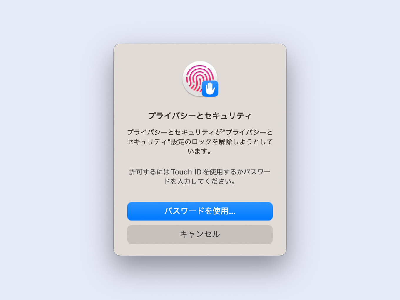 プライバシーとセキュリティ設定のロックを解除する画面